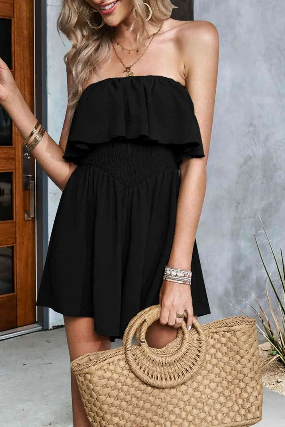 Layered Smocked Strapless Romper