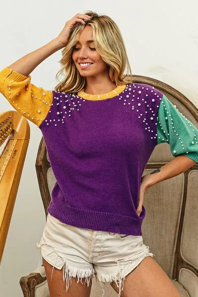 Mardi Gras Color Block Pearl Detail Round Neck Sweater