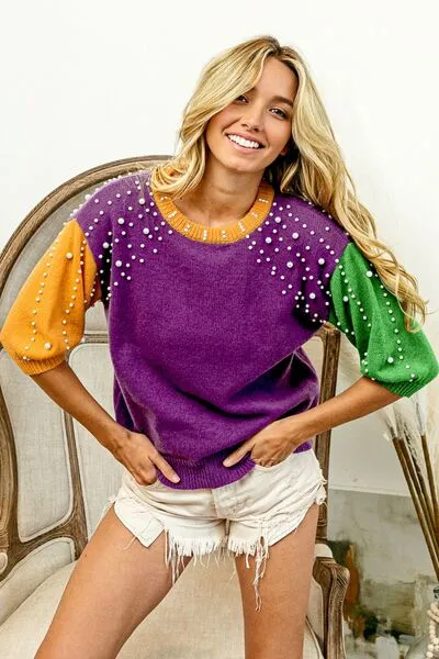 Mardi Gras Color Block Pearl Detail Round Neck Sweater