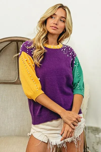 Mardi Gras Color Block Pearl Detail Round Neck Sweater