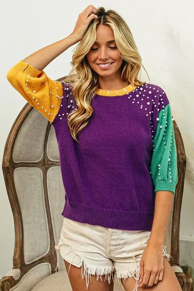 Mardi Gras Color Block Pearl Detail Round Neck Sweater