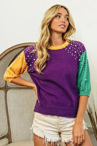 Mardi Gras Color Block Pearl Detail Round Neck Sweater