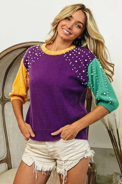 Mardi Gras Color Block Pearl Detail Round Neck Sweater