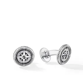 Maritime Compass Cufflinks in Sterling Silver with Center Black Diamond