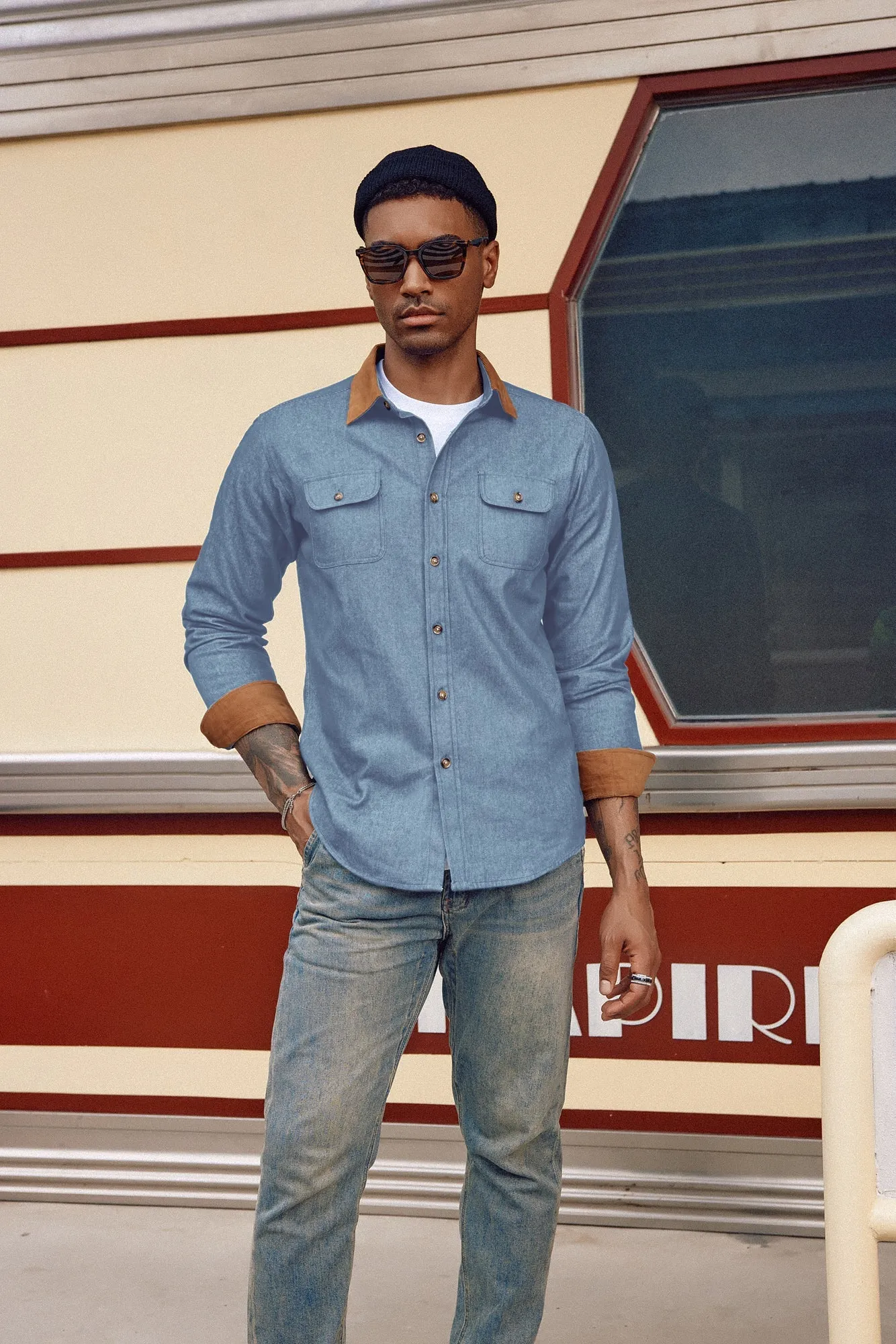 Men's Vintage Denim Shirt Long Sleeve Lapel Collar Jean Shirts Cotton Button Down Cardigans Shirt