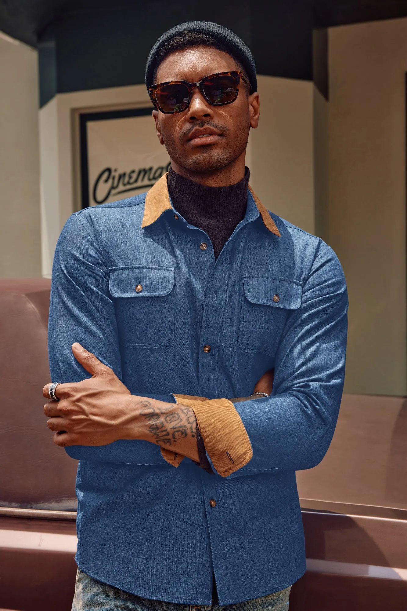 Men's Vintage Denim Shirt Long Sleeve Lapel Collar Jean Shirts Cotton Button Down Cardigans Shirt