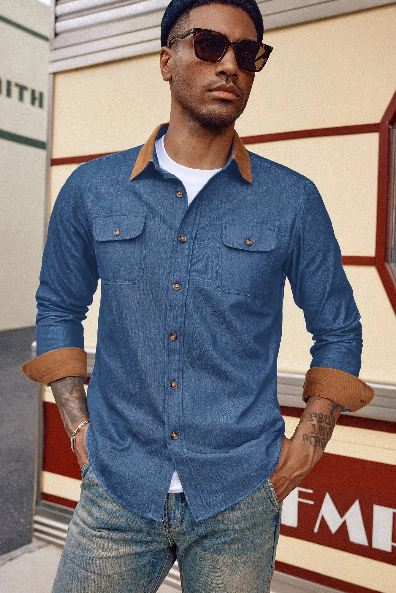 Men's Vintage Denim Shirt Long Sleeve Lapel Collar Jean Shirts Cotton Button Down Cardigans Shirt