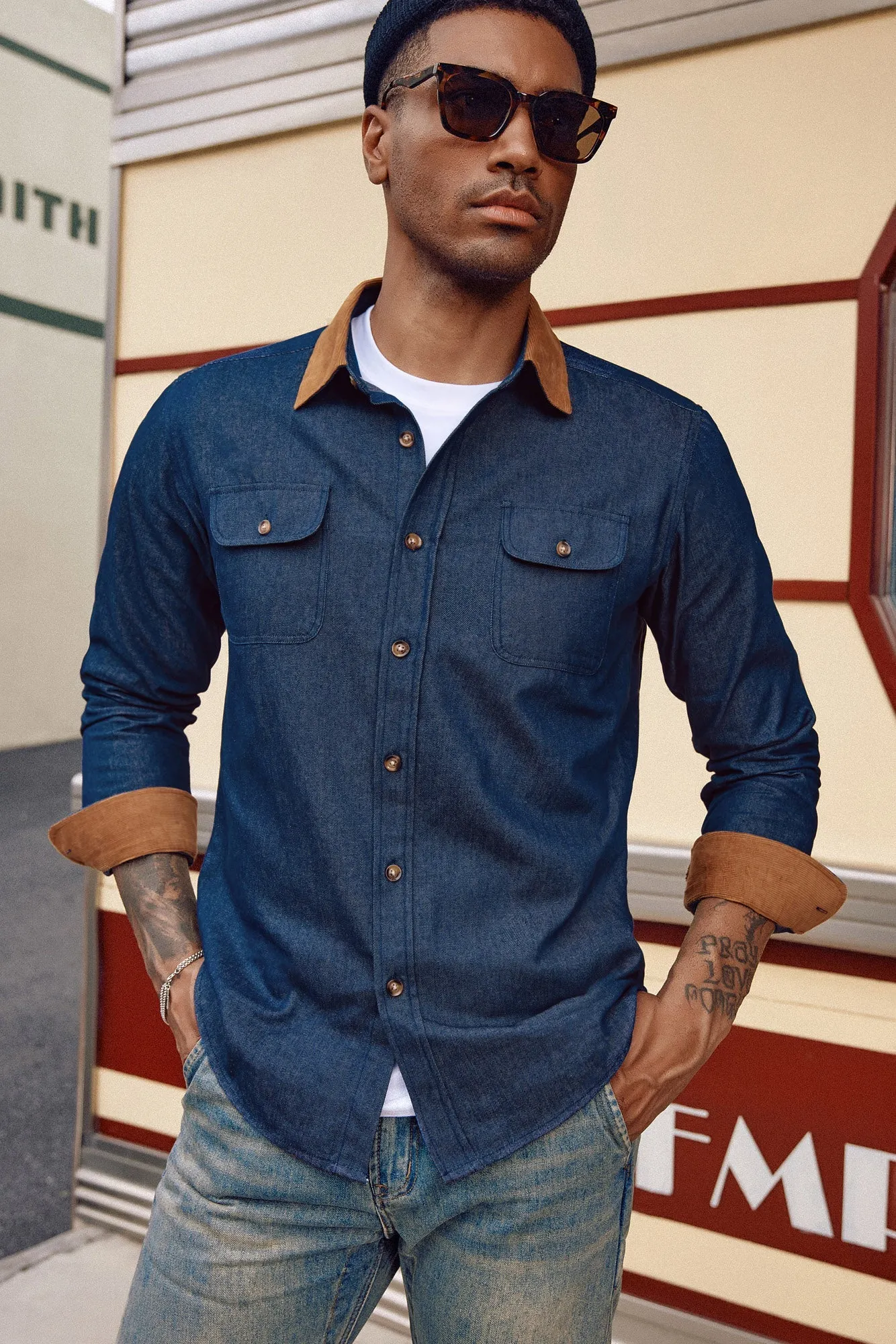 Men's Vintage Denim Shirt Long Sleeve Lapel Collar Jean Shirts Cotton Button Down Cardigans Shirt