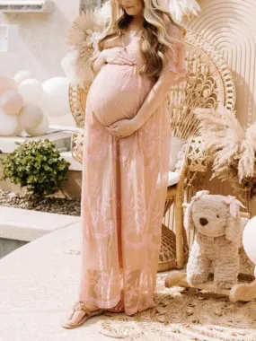 Momnfancy Pink Lace Wavy Edge Flowers Elegant Babyshower Maternity Photoshoot Maxi Dress