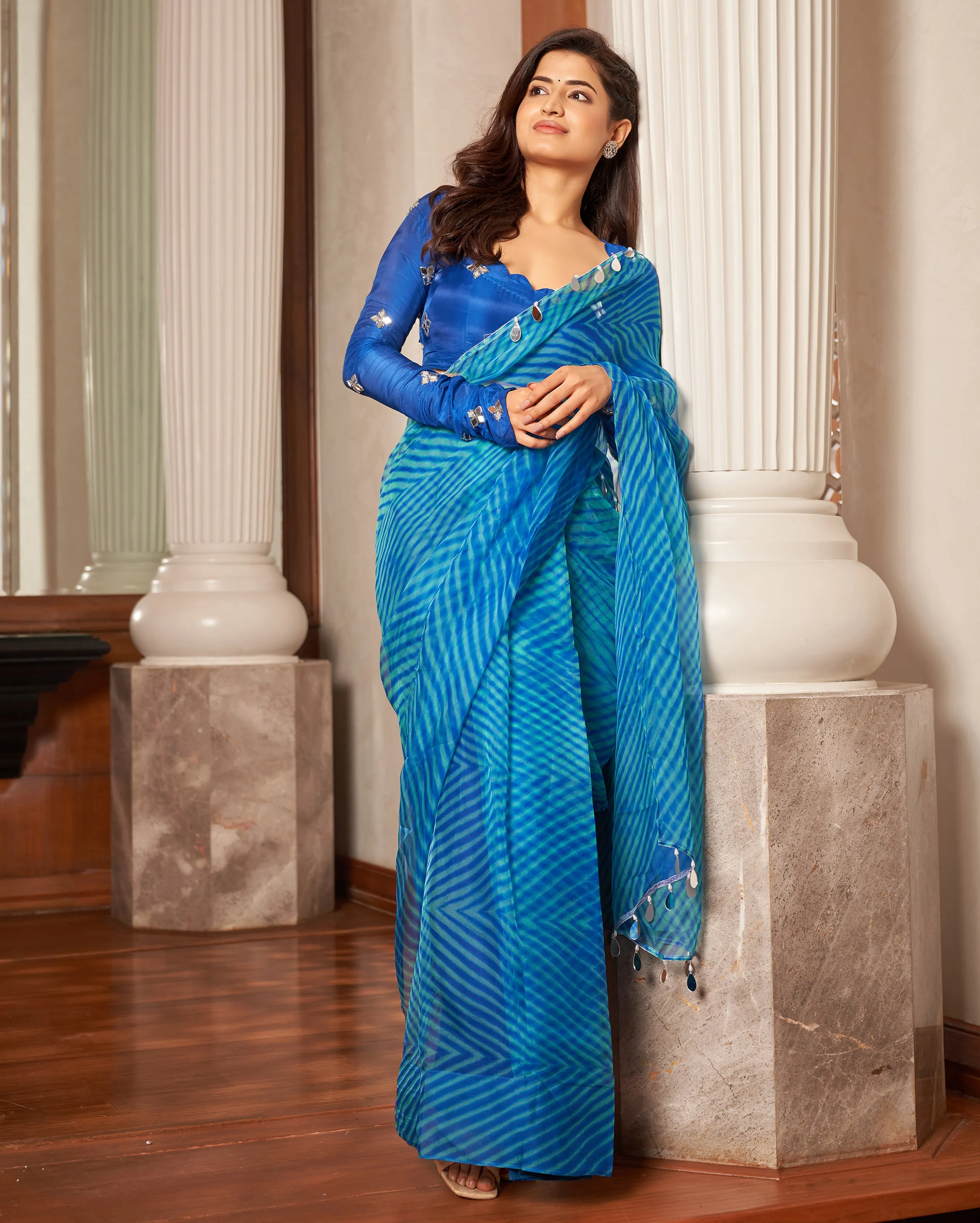 Neeru Blue Leheriya Organza Pre Draped Saree