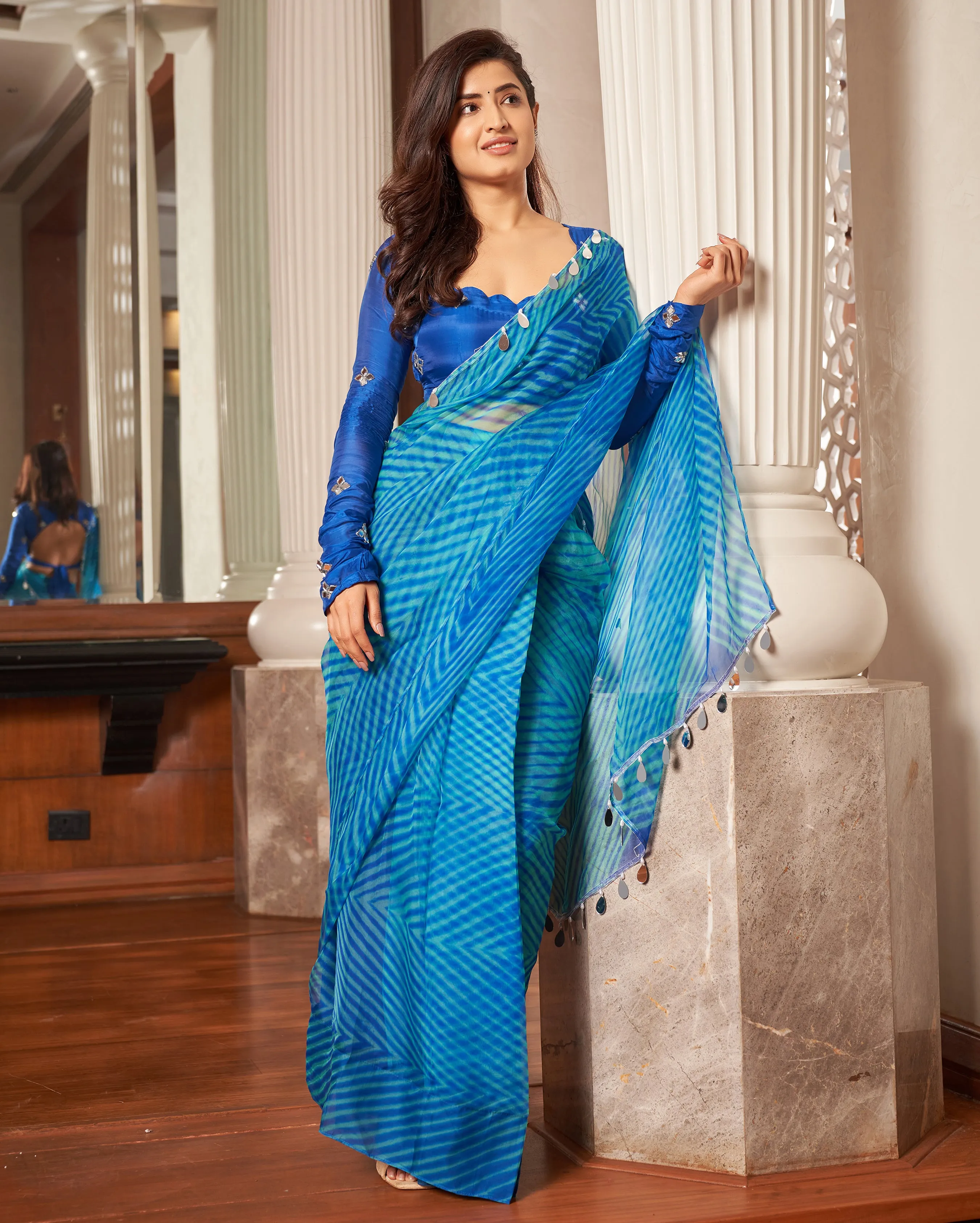 Neeru Blue Leheriya Organza Pre Draped Saree