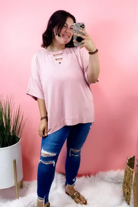 Never Leaving You- Pink Cutout V-Neck Top {CURVY}