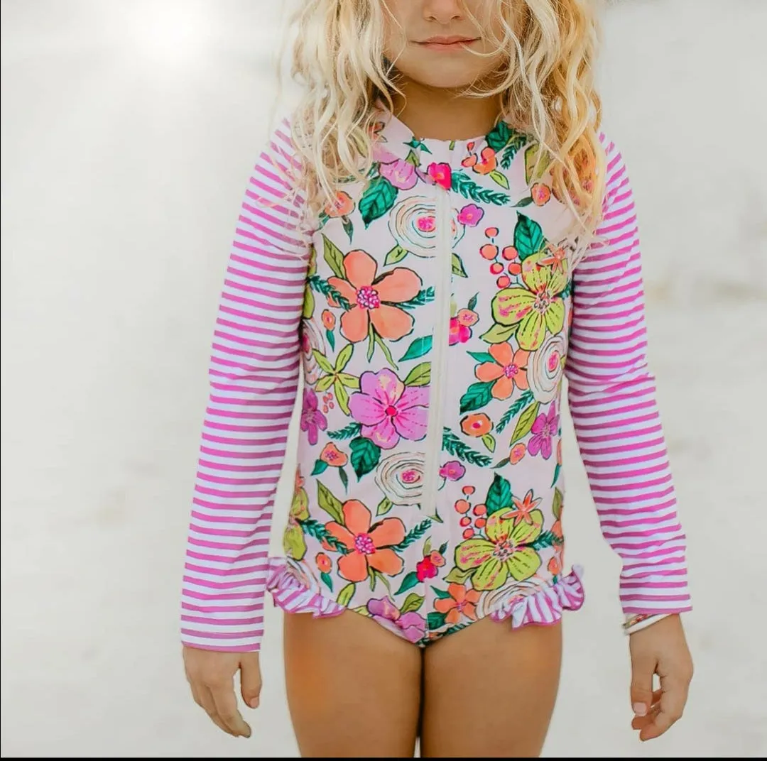 Pink Stripe Floral Zip Rash Guard Swimsuit