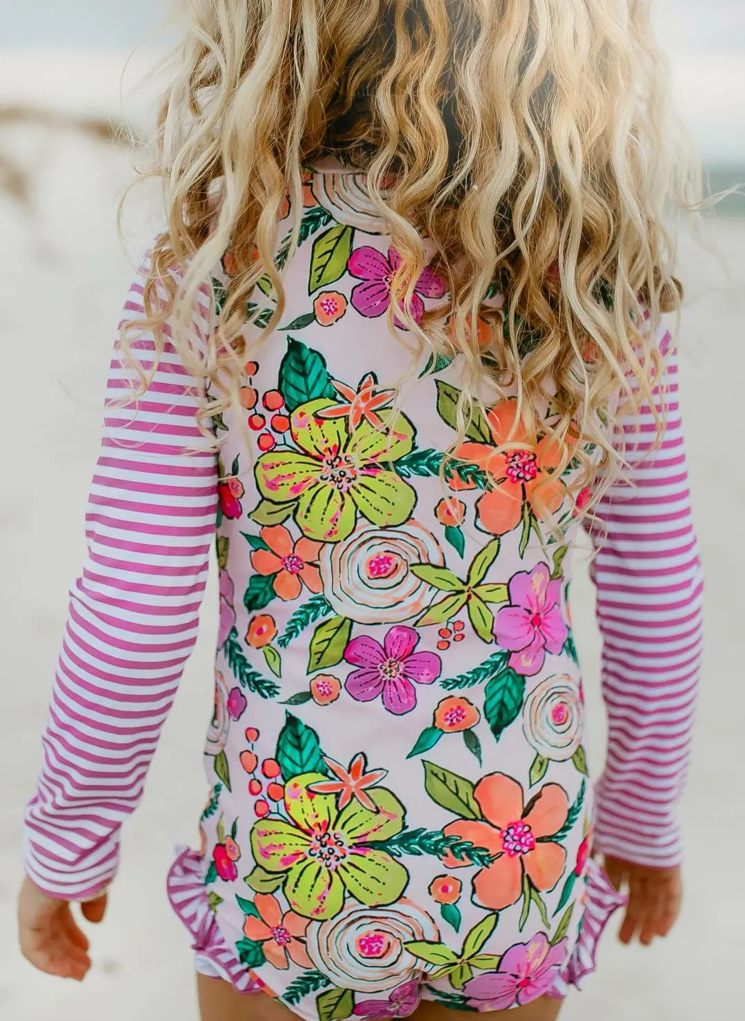 Pink Stripe Floral Zip Rash Guard Swimsuit