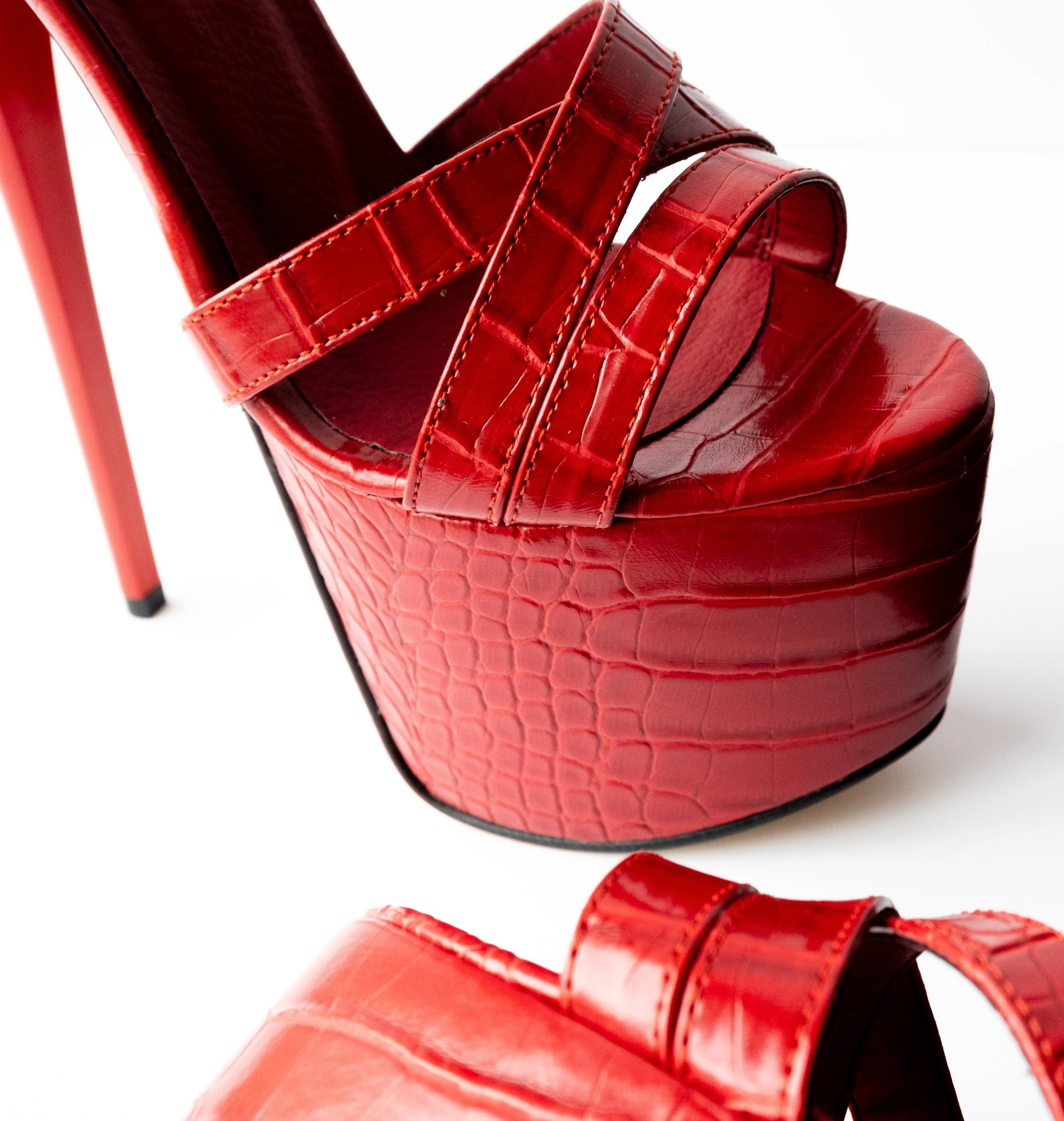 Red Croco Cross Strap High Heel Sandals