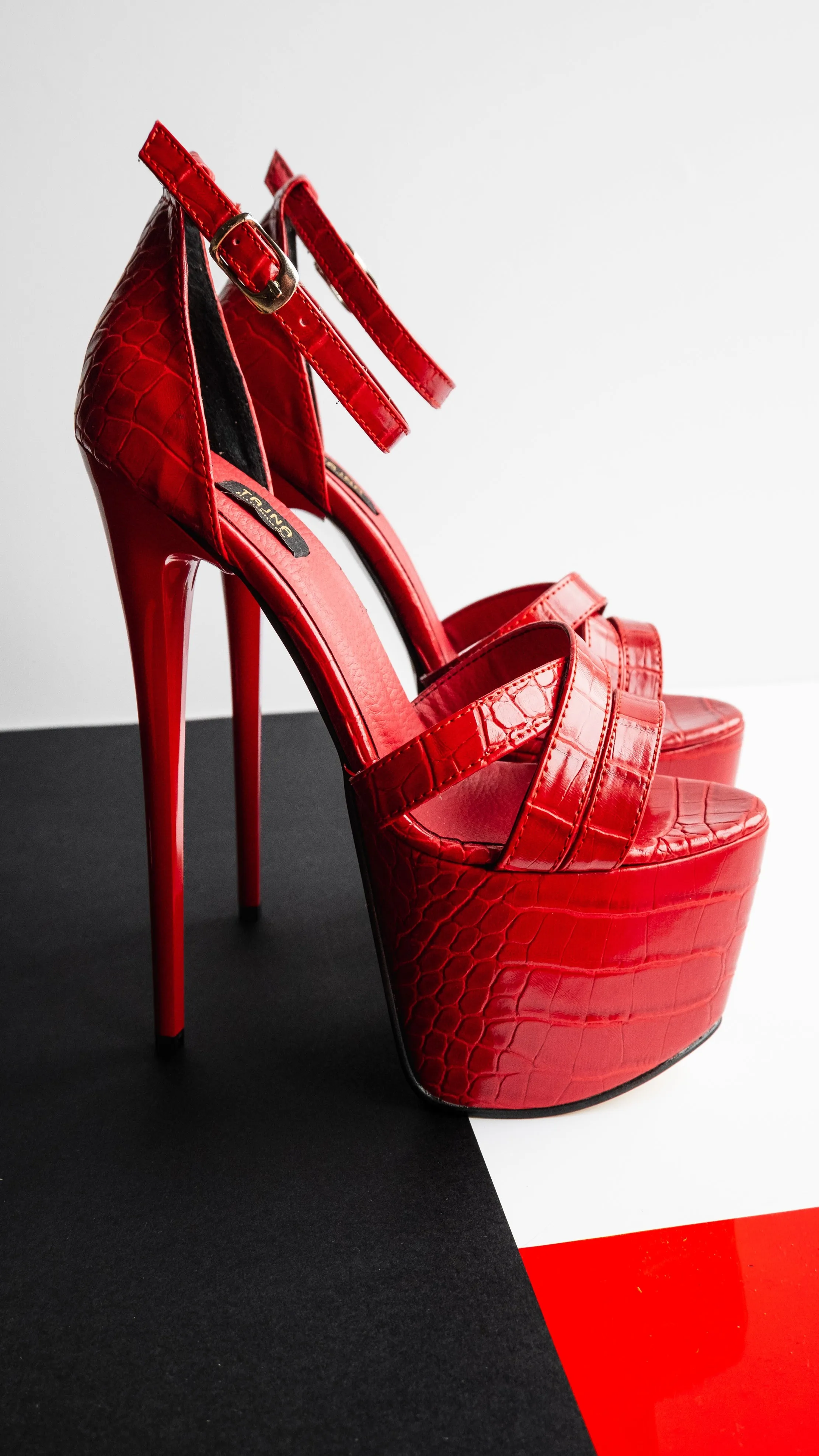 Red Croco Cross Strap High Heel Sandals