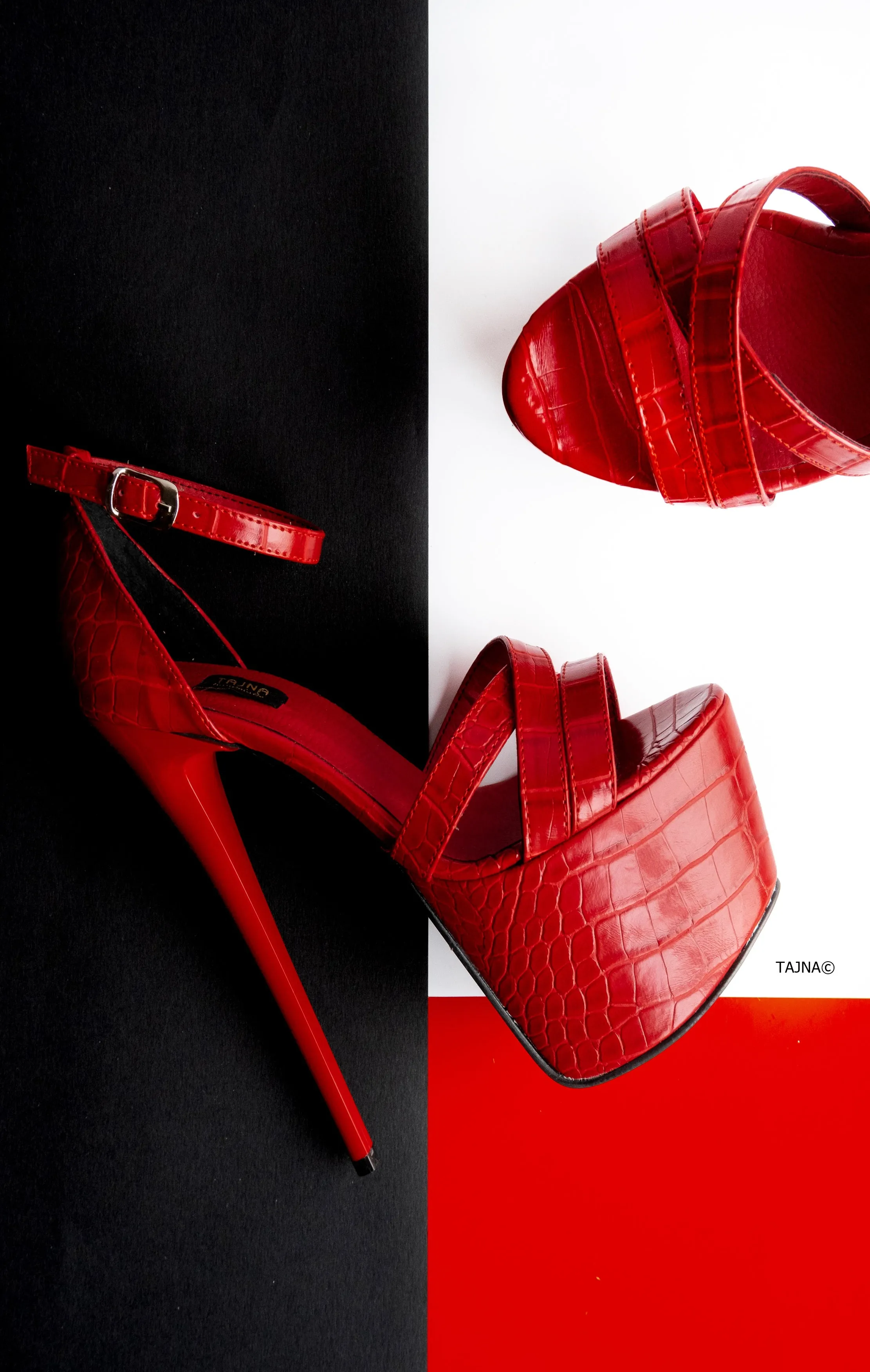 Red Croco Cross Strap High Heel Sandals