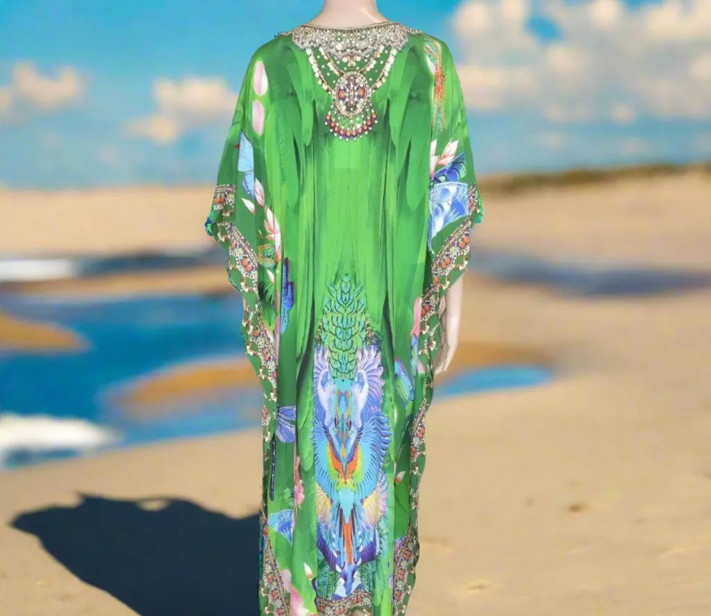 Resort Garden Long Silk Embellished Kaftan