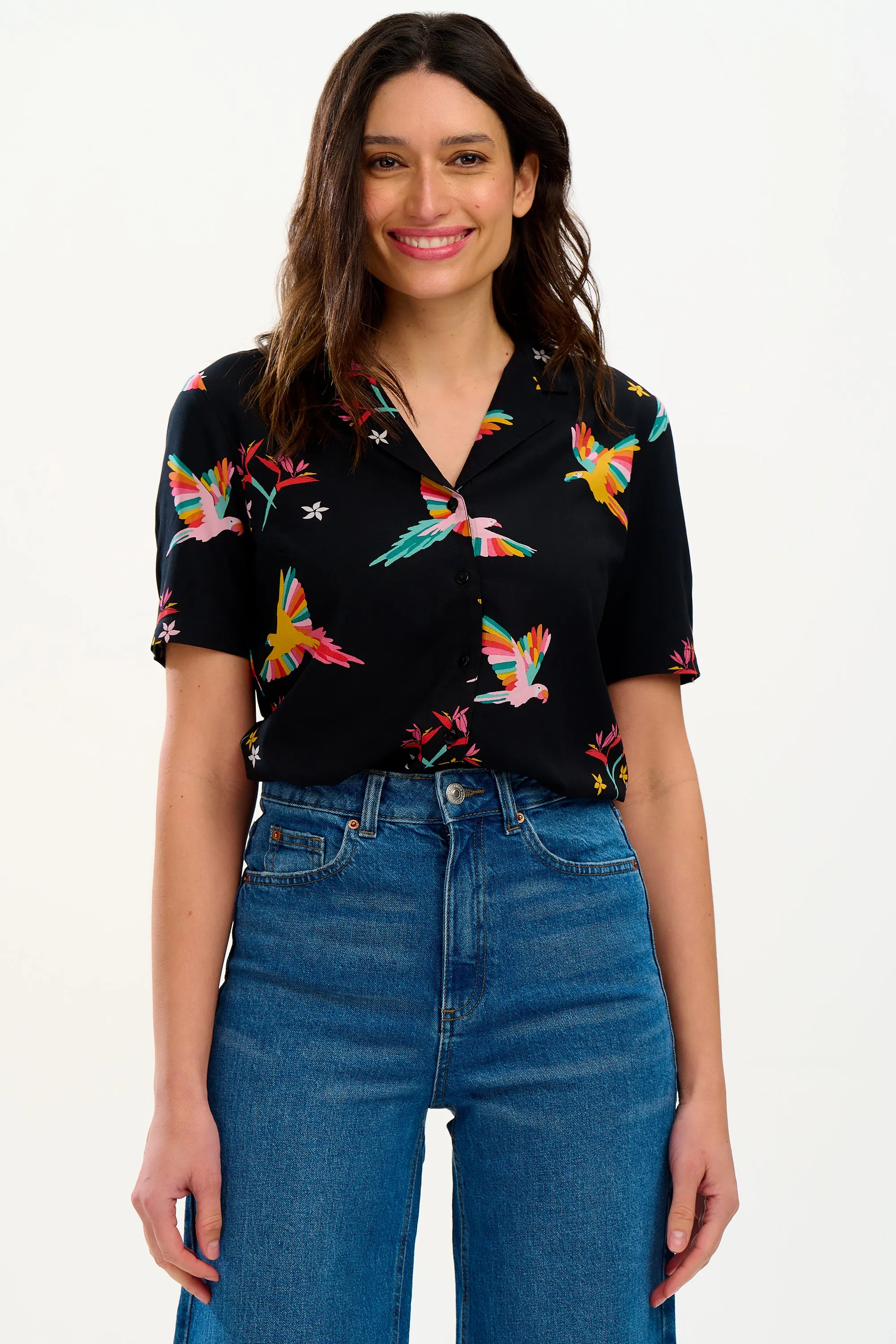 Santana Shirt - Black, Tropical Parrots