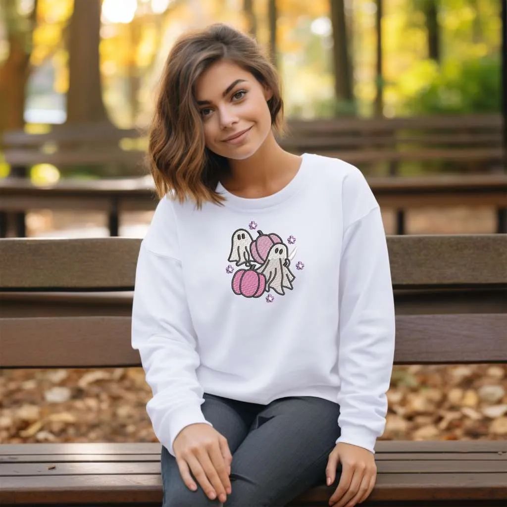 Sheet Ghost Pink Pumpkins Embroidered Sweatshirt | Halloween Ghost Sweatshirt