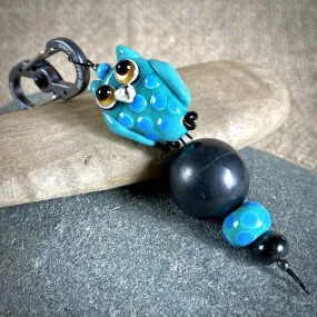 Shungite Owl Clip-on, Turquoise & Blue, Artisan Lampwork Glass Bead