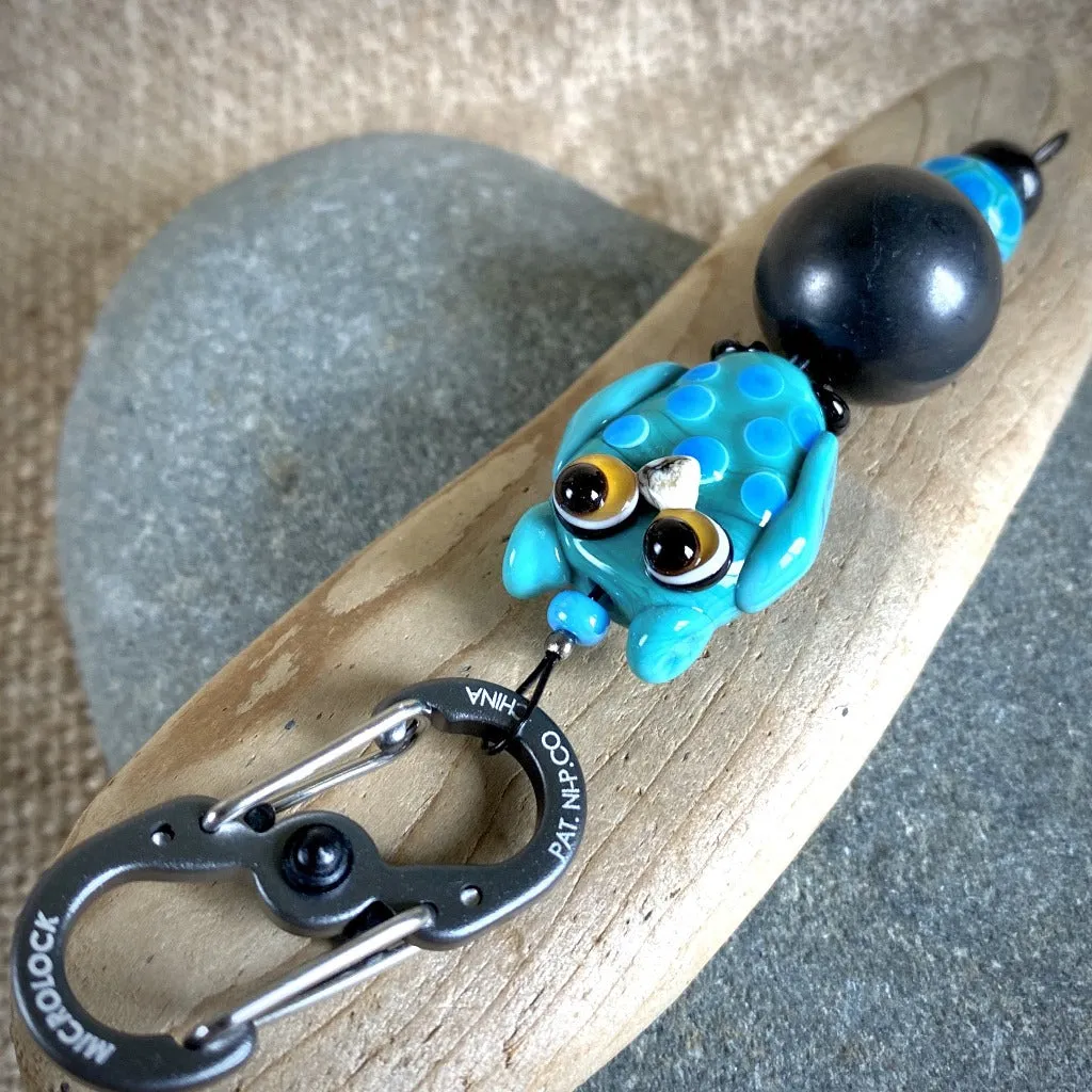 Shungite Owl Clip-on, Turquoise & Blue, Artisan Lampwork Glass Bead