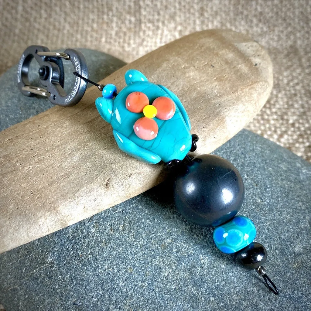 Shungite Owl Clip-on, Turquoise & Blue, Artisan Lampwork Glass Bead