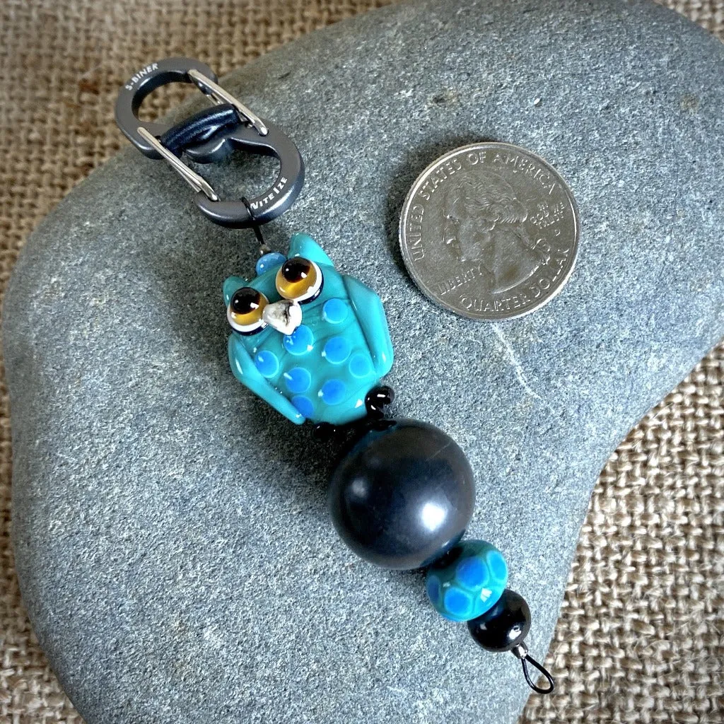 Shungite Owl Clip-on, Turquoise & Blue, Artisan Lampwork Glass Bead