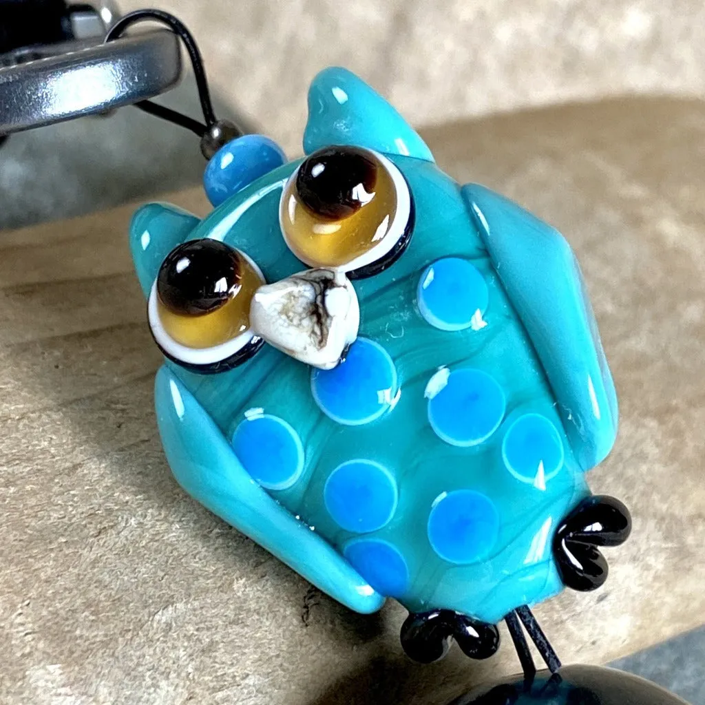 Shungite Owl Clip-on, Turquoise & Blue, Artisan Lampwork Glass Bead