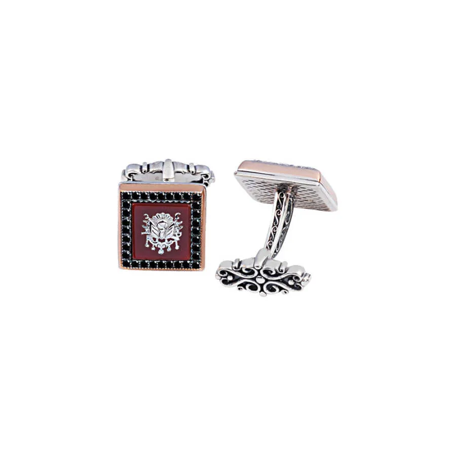 Silver Agate Stone Ottoman Coat of Arms Black Zircon Inlaid Cufflink