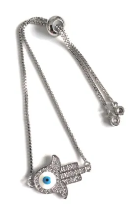 Silver Plated Hamsa Hand Evil Eye Bracelet Sliding Adjustable Claps