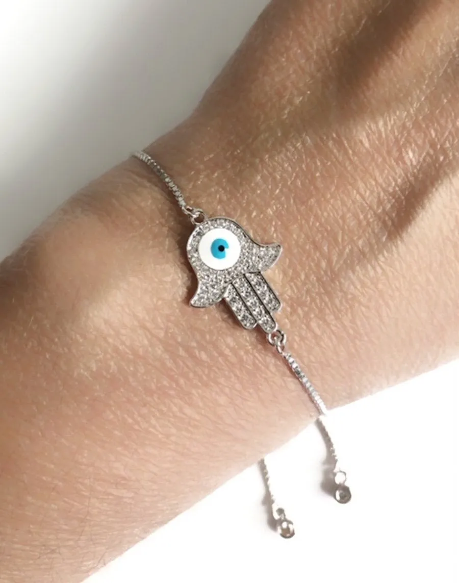 Silver Plated Hamsa Hand Evil Eye Bracelet Sliding Adjustable Claps