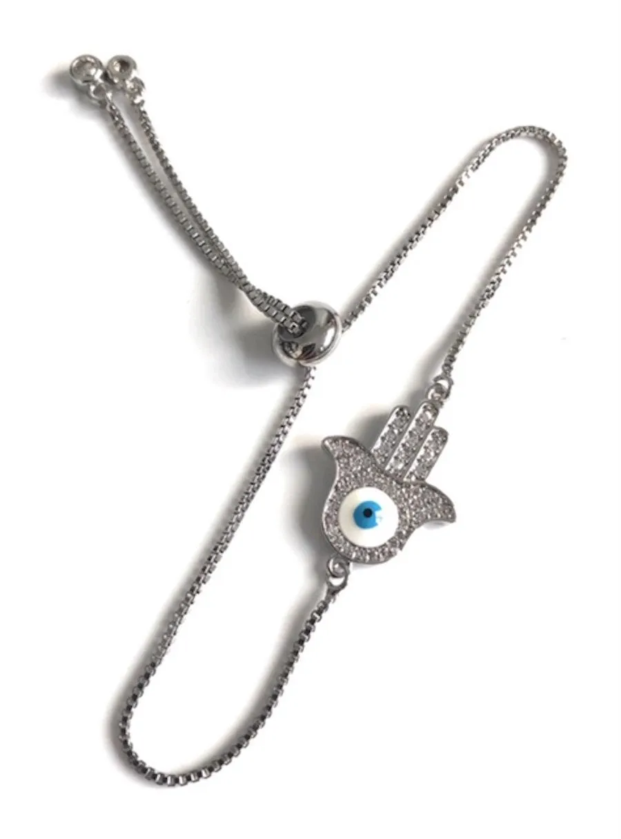 Silver Plated Hamsa Hand Evil Eye Bracelet Sliding Adjustable Claps