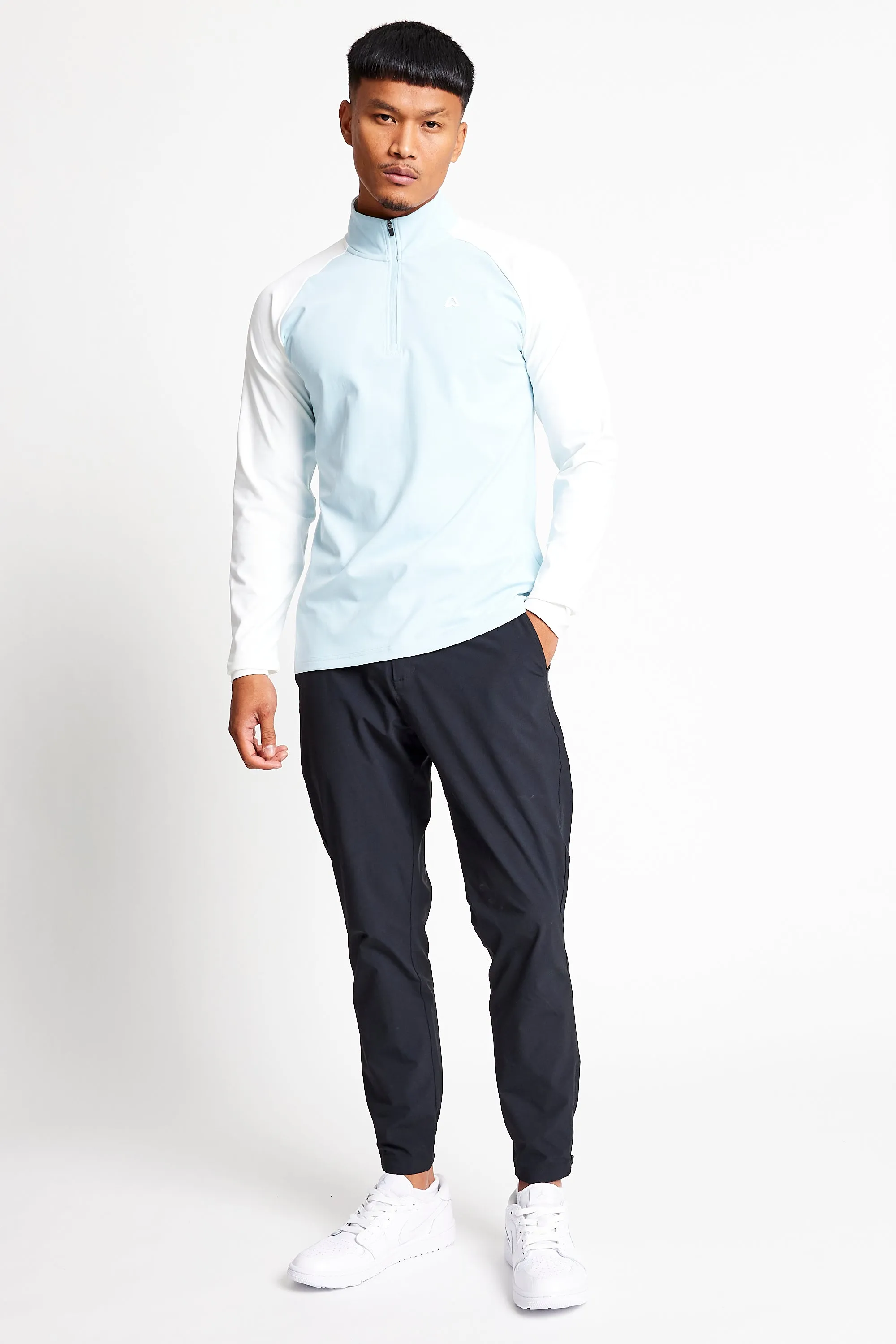 Slim Fit Contrast 1/4 Zip Top  - Baby Blue / Chalk White