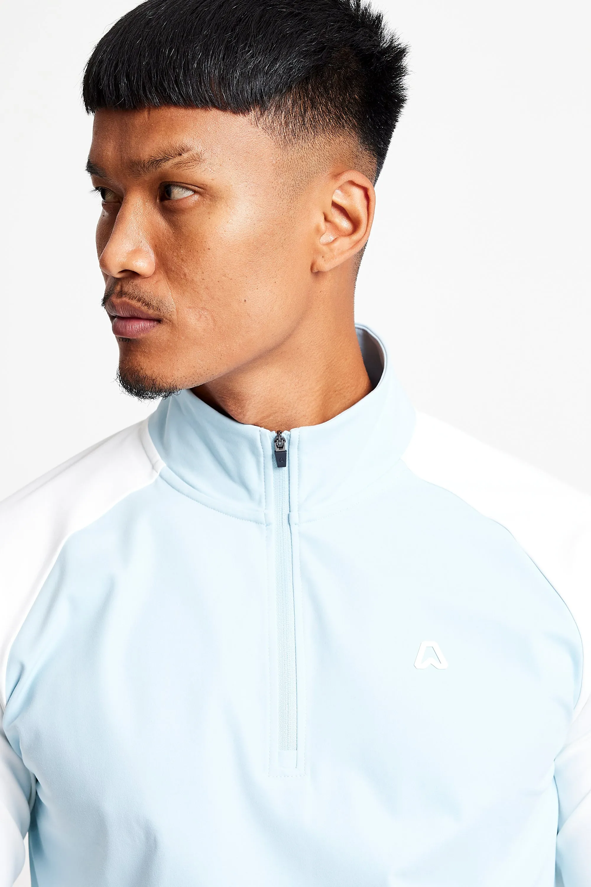 Slim Fit Contrast 1/4 Zip Top  - Baby Blue / Chalk White