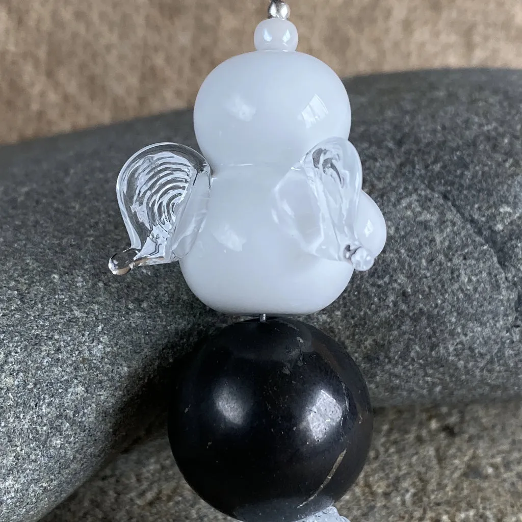 Snow Angel & Shungite Ornament, Big Pink Heart, Clear Glass Wings