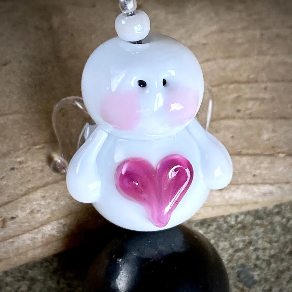 Snow Angel & Shungite Ornament, Big Pink Heart, Clear Glass Wings