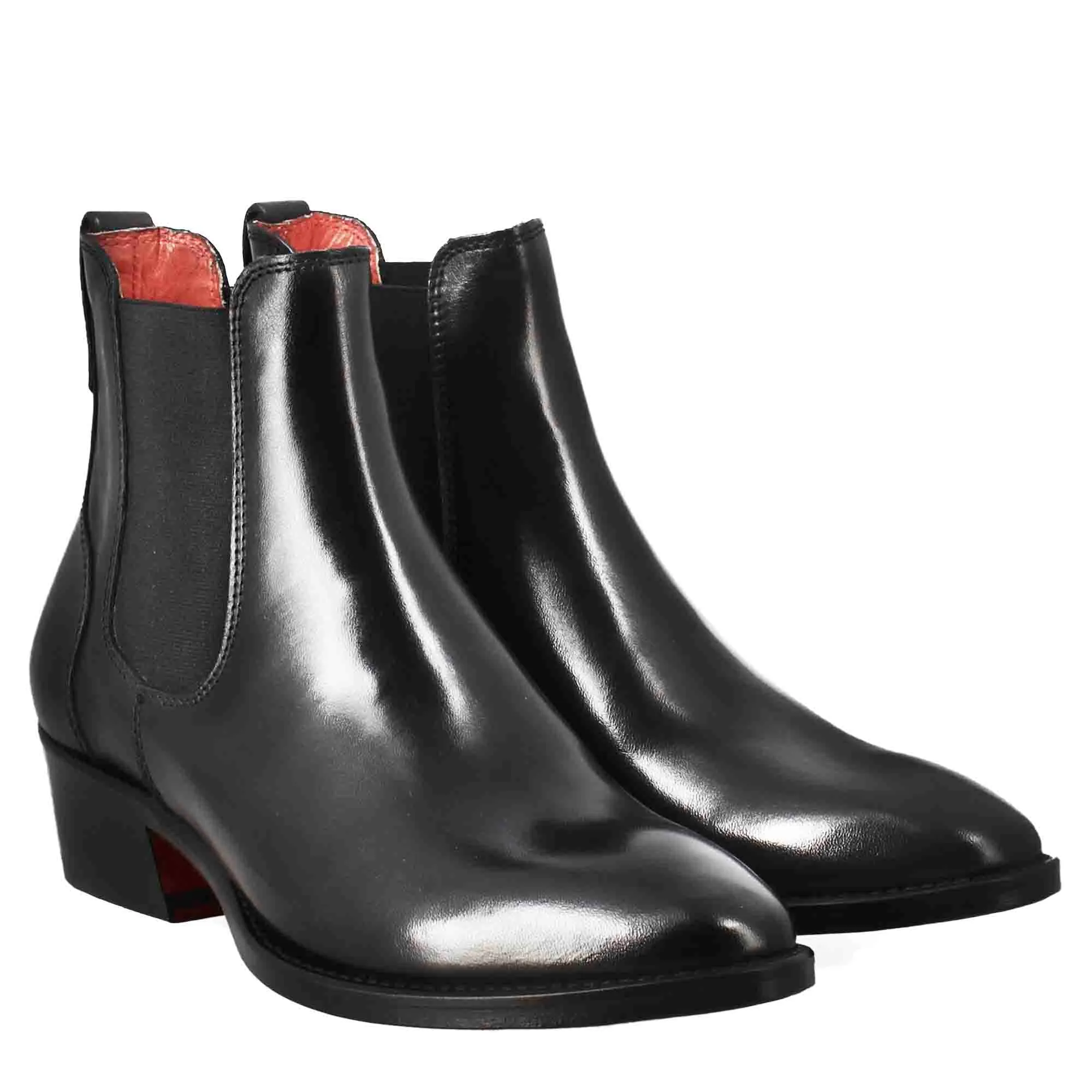 Stivaletto da donna chelsea liscio con tacco medio in pelle colore nero