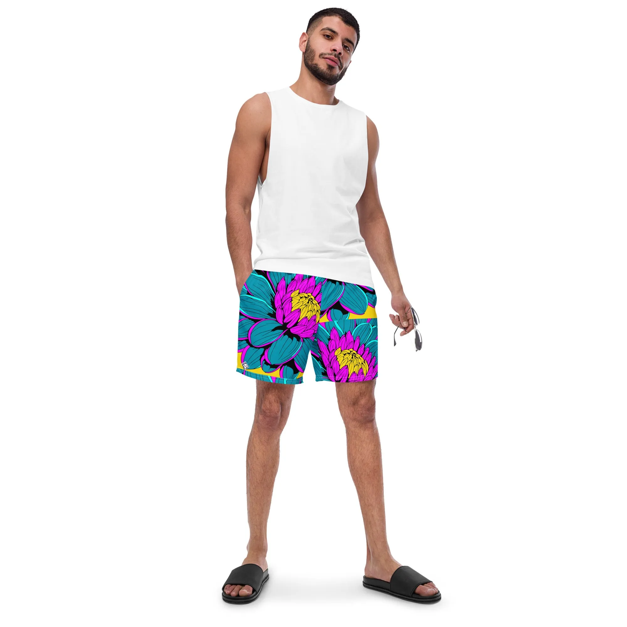 Summer Blossoms: Men's Dahlia Print 001 Swim Trunks