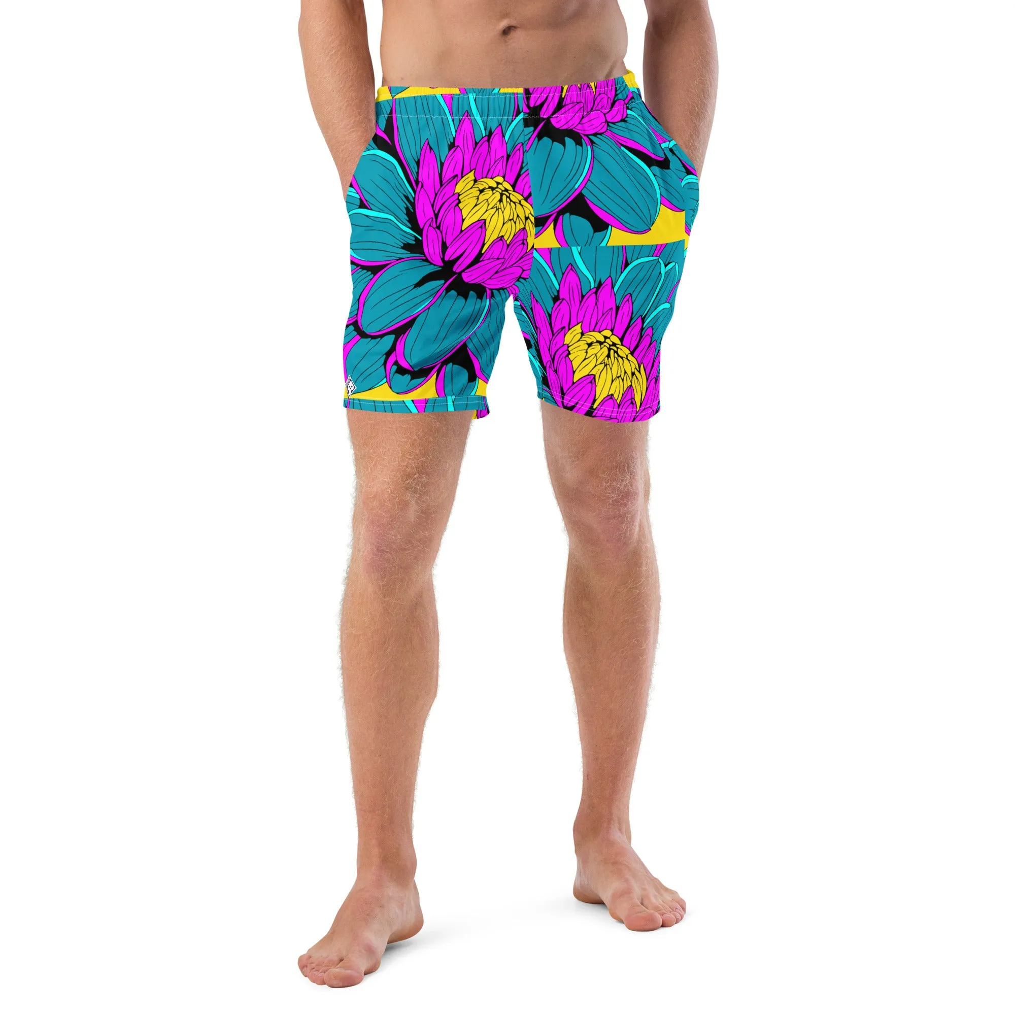 Summer Blossoms: Men's Dahlia Print 001 Swim Trunks