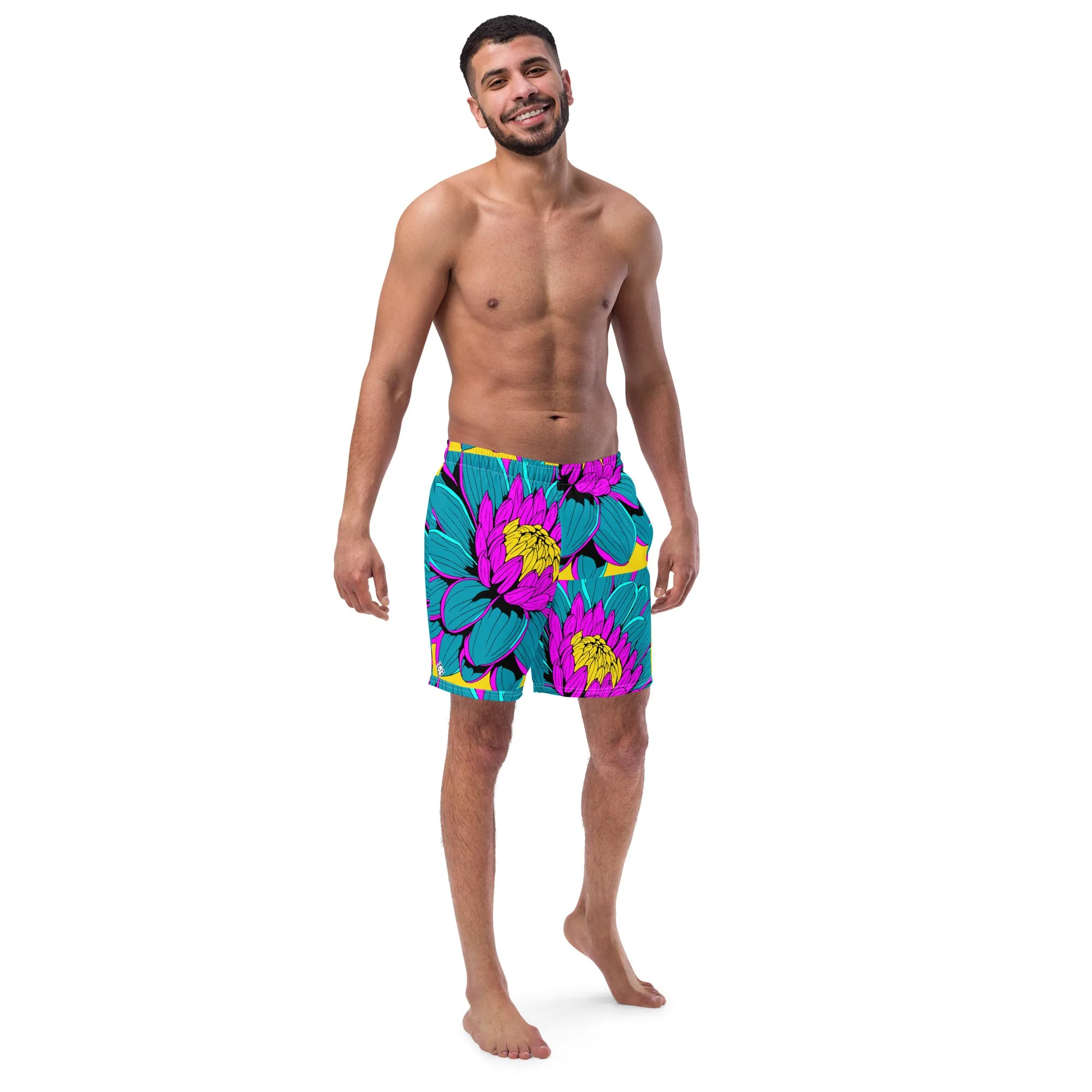 Summer Blossoms: Men's Dahlia Print 001 Swim Trunks