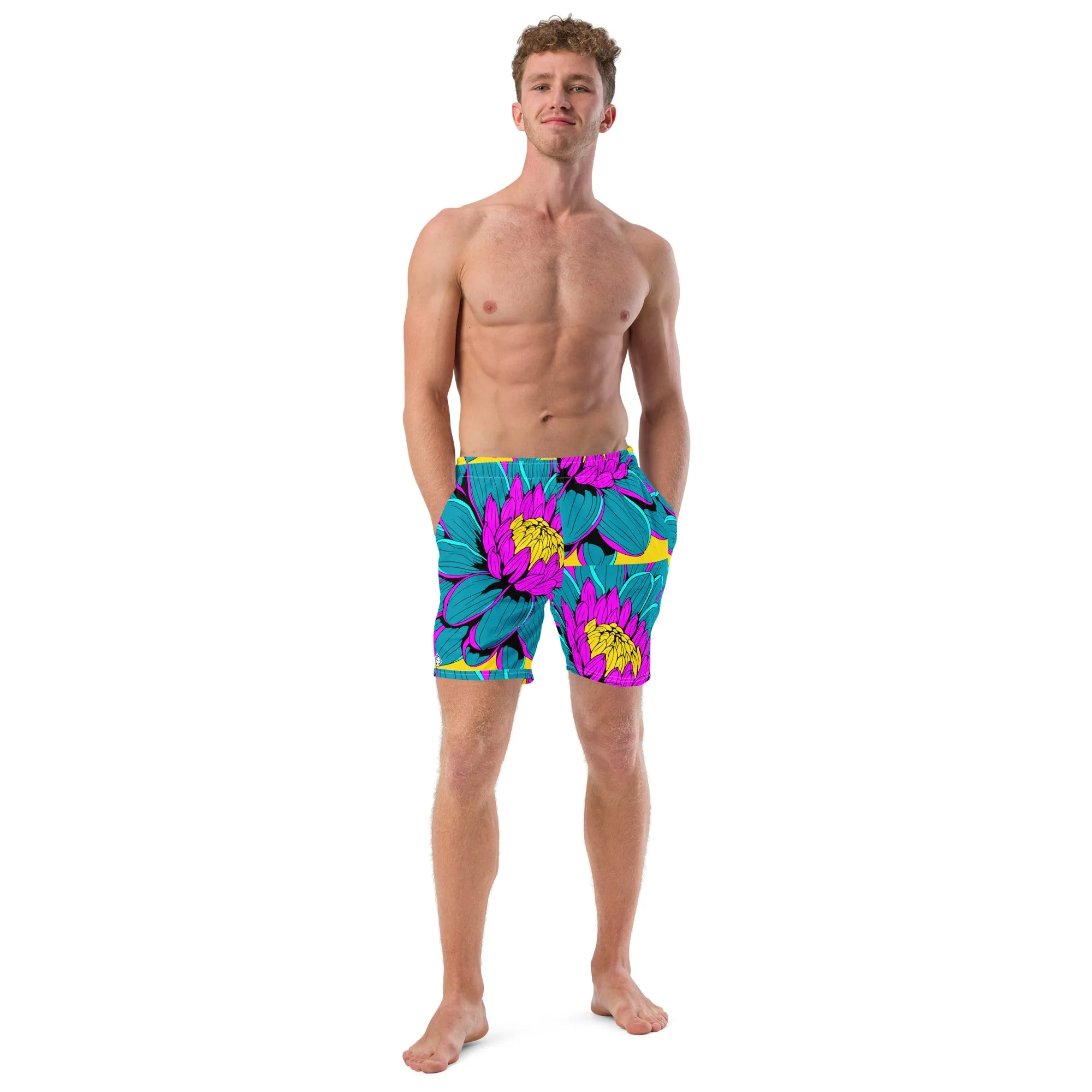 Summer Blossoms: Men's Dahlia Print 001 Swim Trunks