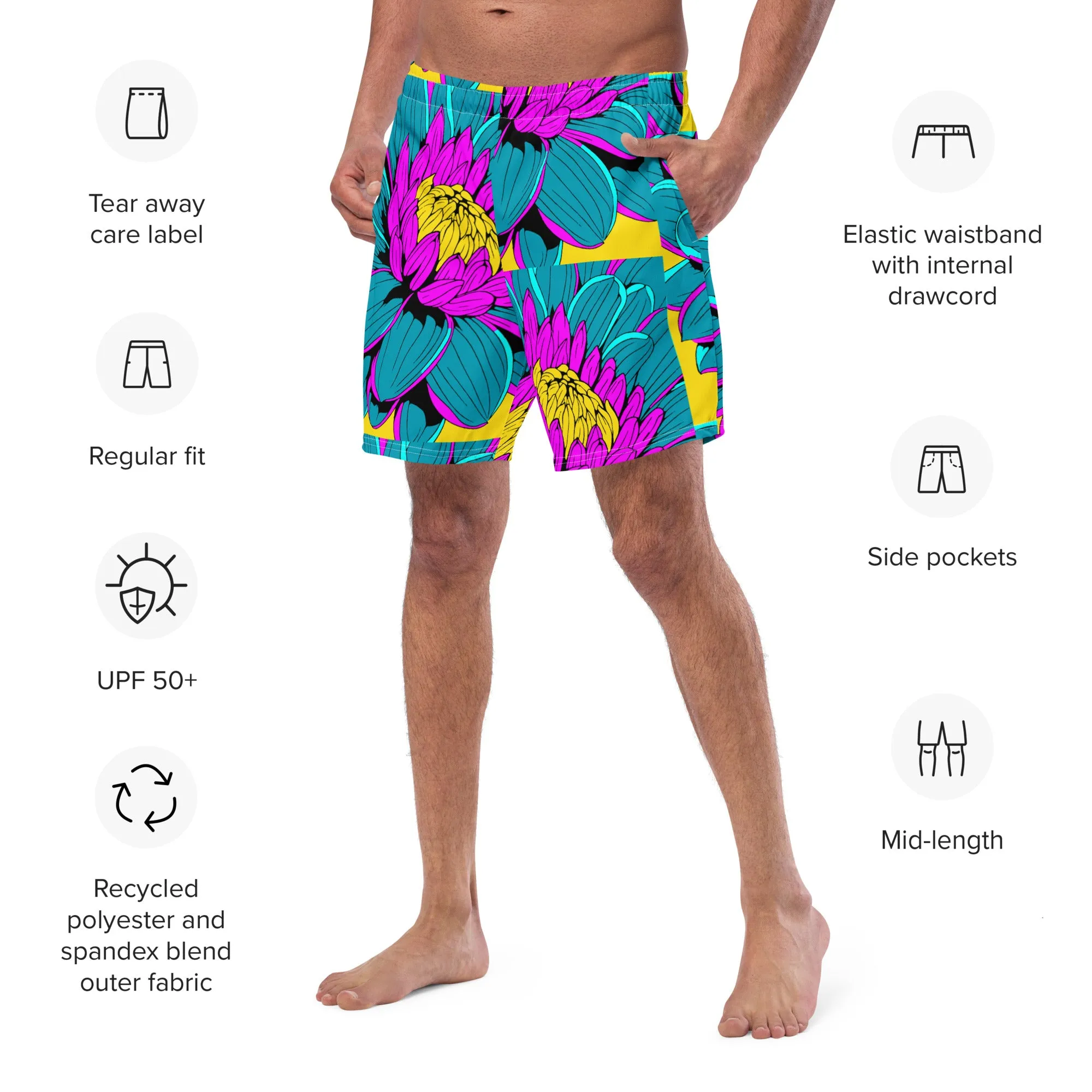 Summer Blossoms: Men's Dahlia Print 001 Swim Trunks