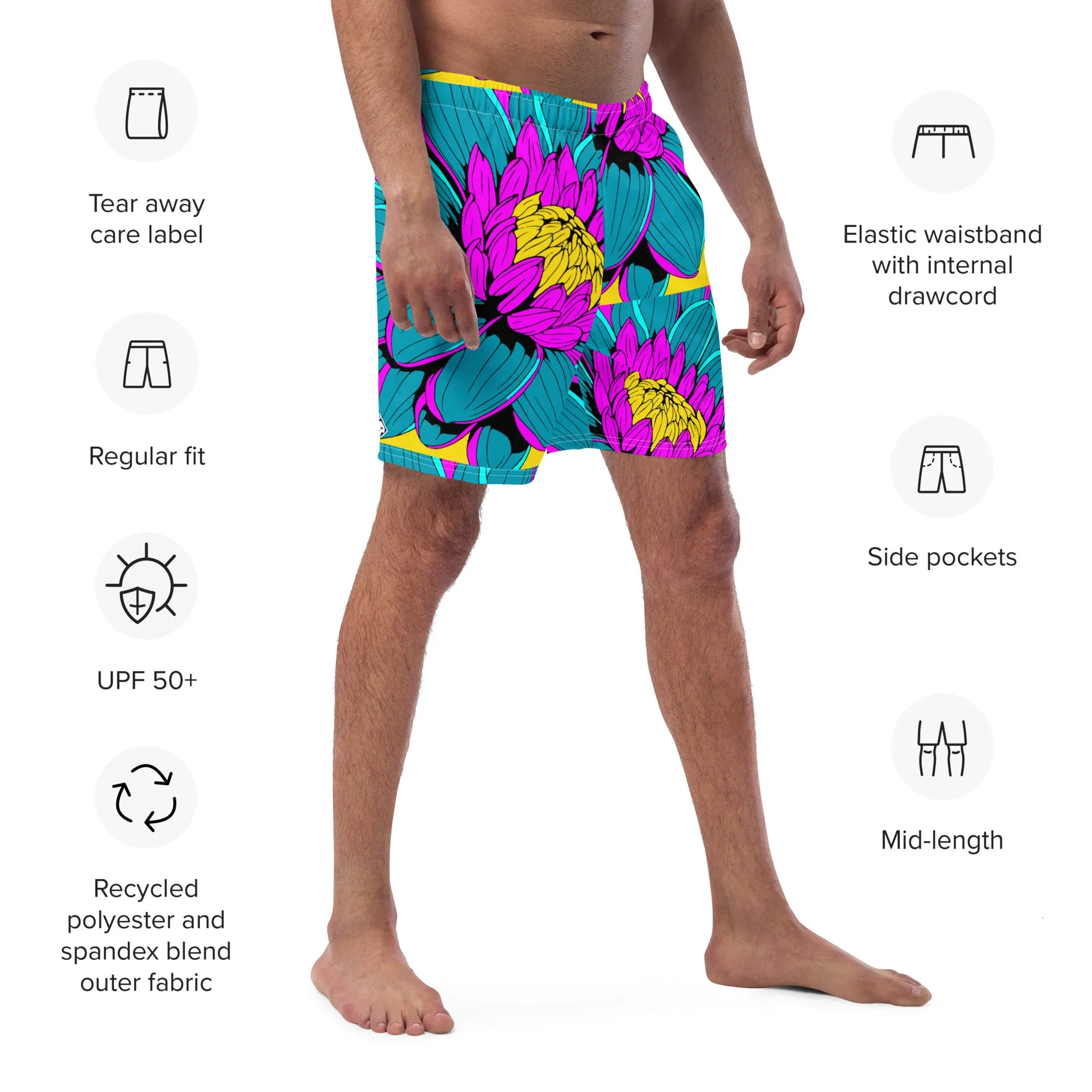 Summer Blossoms: Men's Dahlia Print 001 Swim Trunks