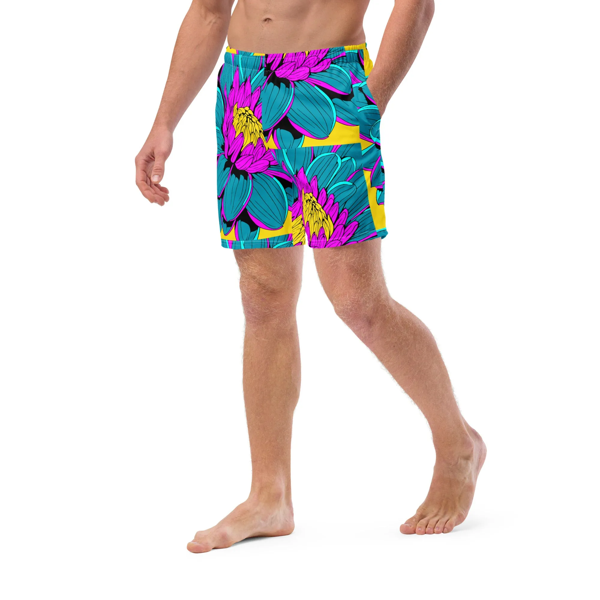 Summer Blossoms: Men's Dahlia Print 001 Swim Trunks