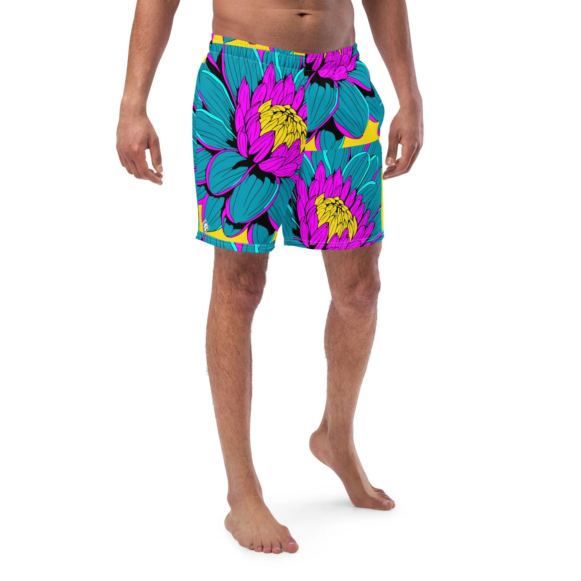 Summer Blossoms: Men's Dahlia Print 001 Swim Trunks