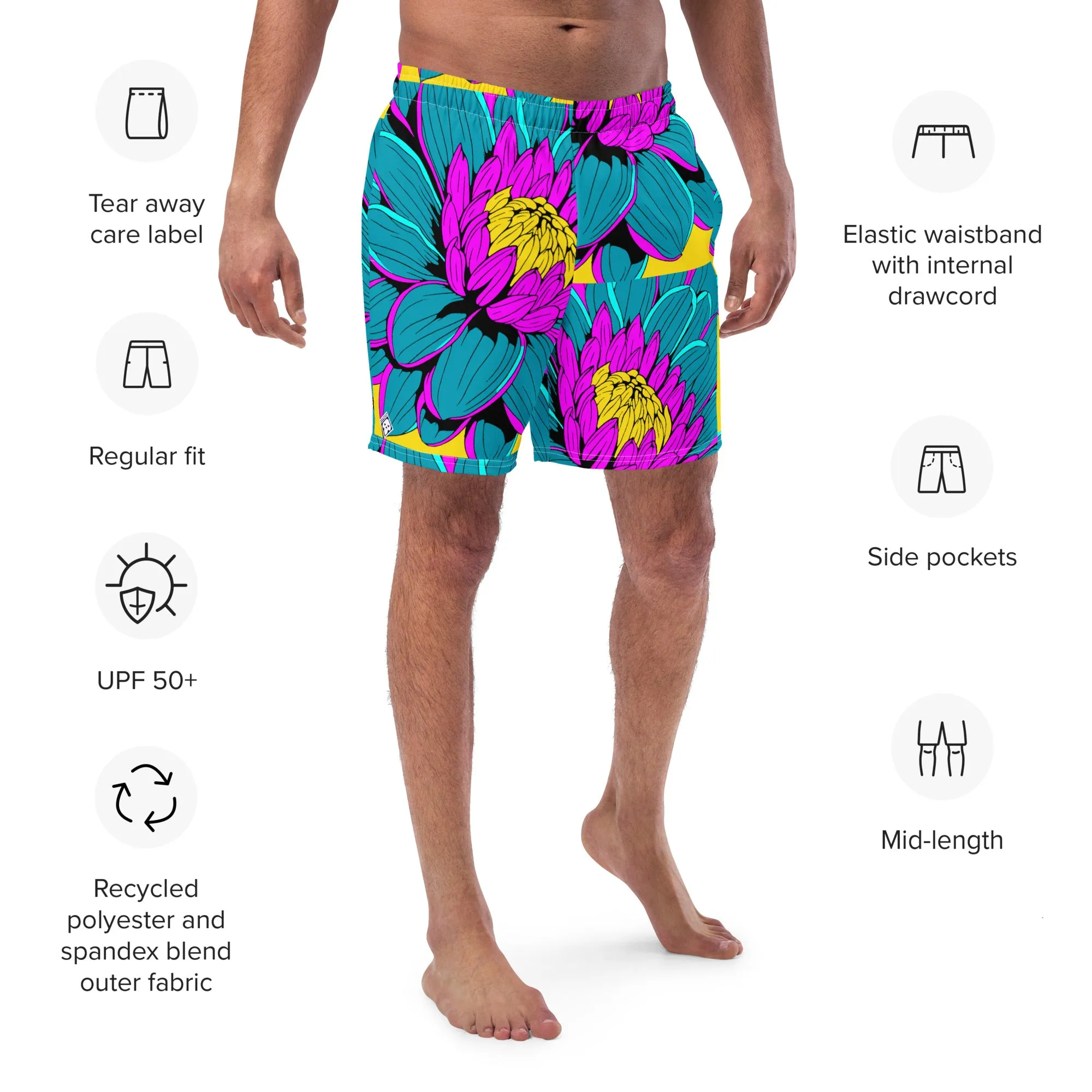 Summer Blossoms: Men's Dahlia Print 001 Swim Trunks