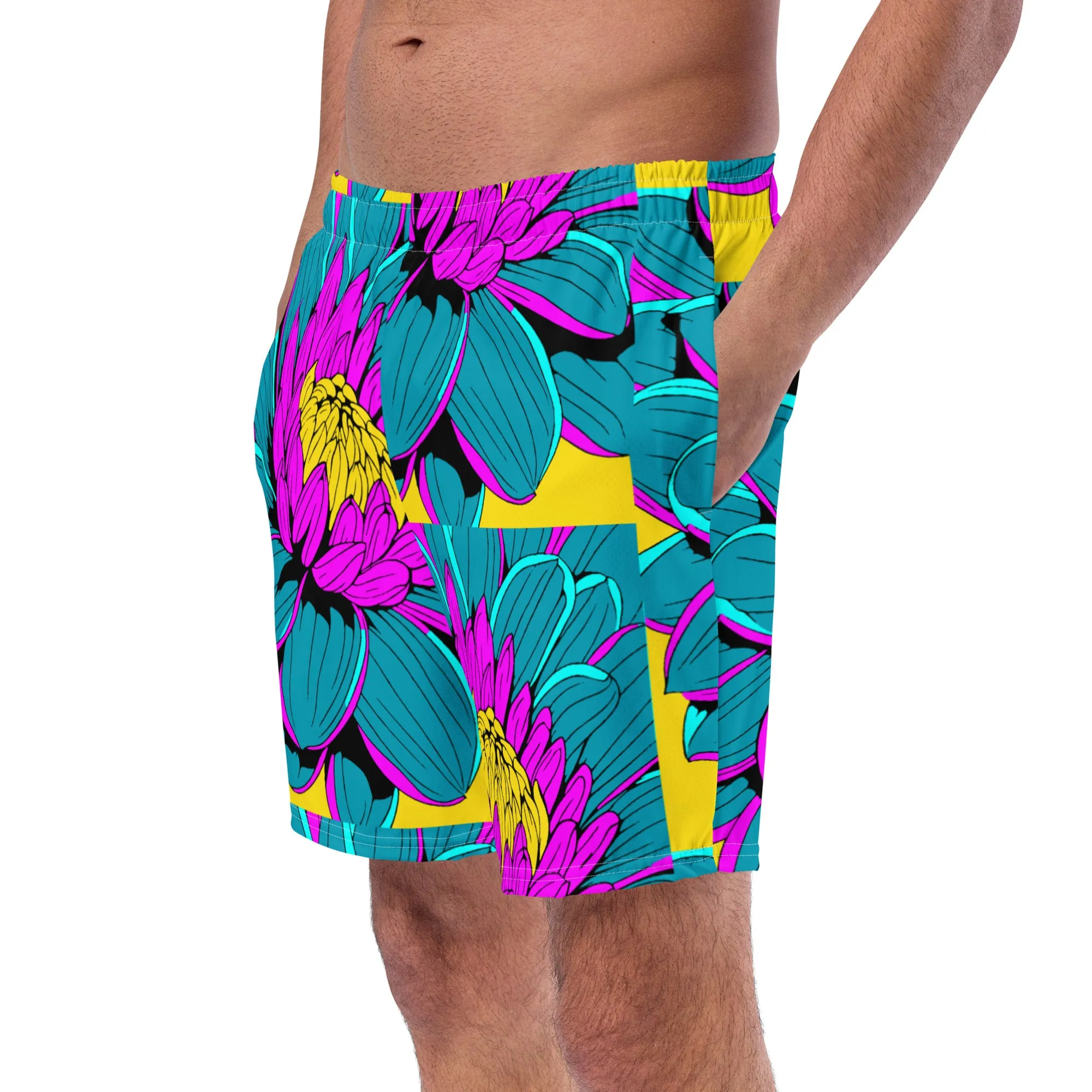 Summer Blossoms: Men's Dahlia Print 001 Swim Trunks