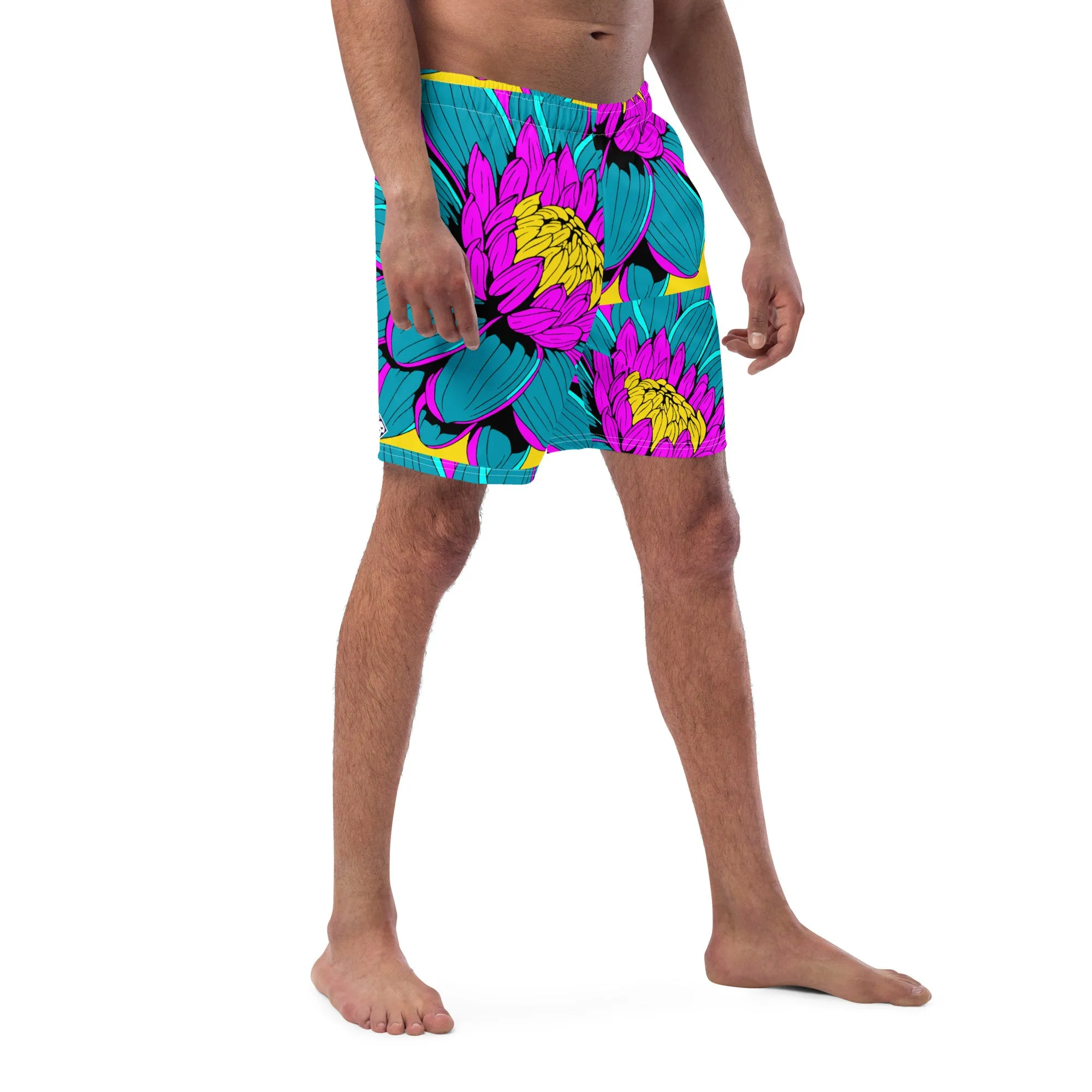 Summer Blossoms: Men's Dahlia Print 001 Swim Trunks