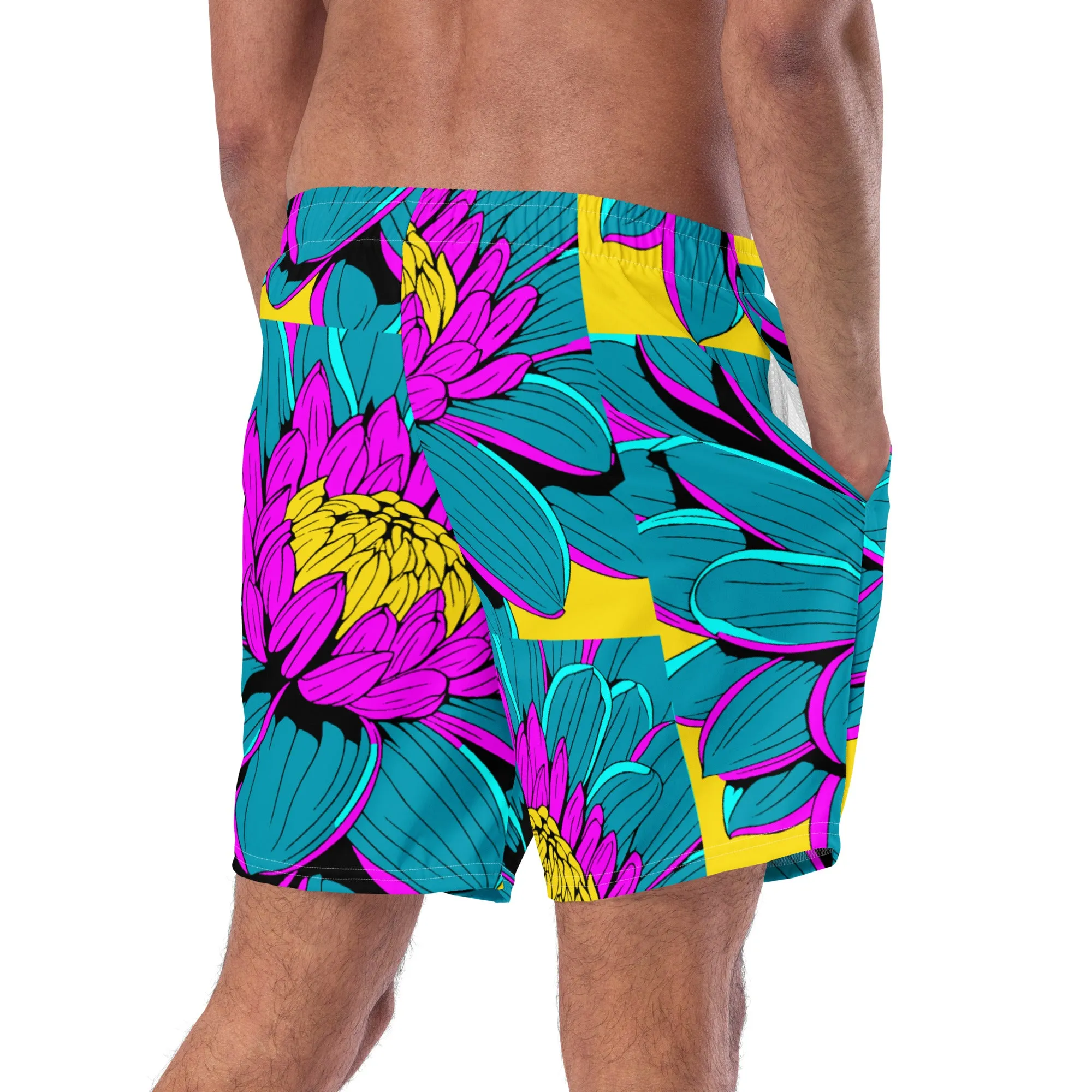 Summer Blossoms: Men's Dahlia Print 001 Swim Trunks